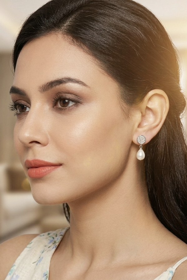 Oval İnci Taşlı Sallantılı Gümüş Küpe