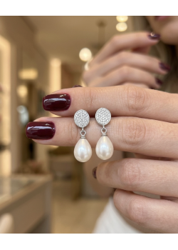 Oval İnci Taşlı Sallantılı Gümüş Küpe