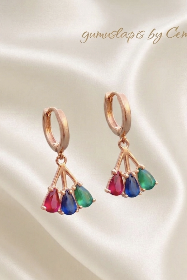 Yakut Safir ve Peridot Taşlı Yelpaze Motif Gümüş Küpe