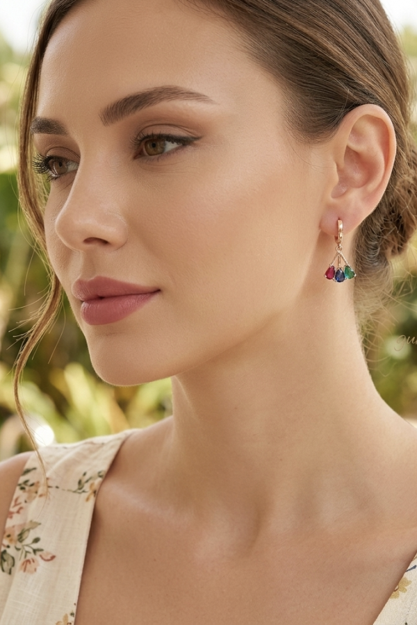 Yakut Safir ve Peridot Taşlı Yelpaze Motif Gümüş Küpe