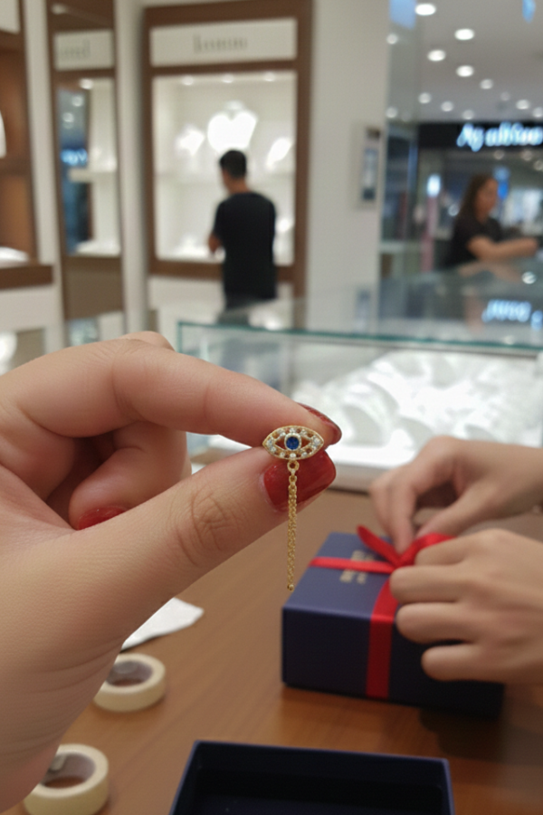 Safir Taşlı Göz Motif Arası Zincirli Gümüş Küpe Çifti 