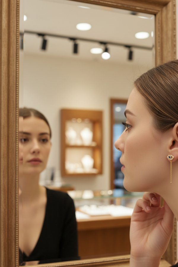 Safir Taşlı Göz Motif Arası Zincirli Gümüş Küpe Çifti 