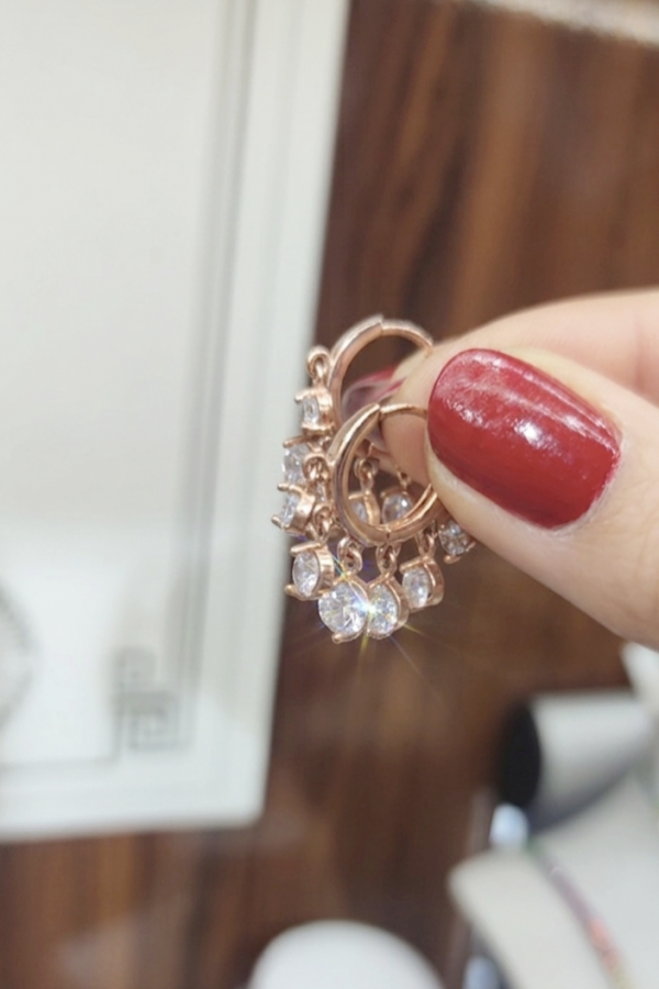 Yuvarlak Taşlı Büyük Boy Rose Kaplama Sallantılı Gümüş Halka Küpe