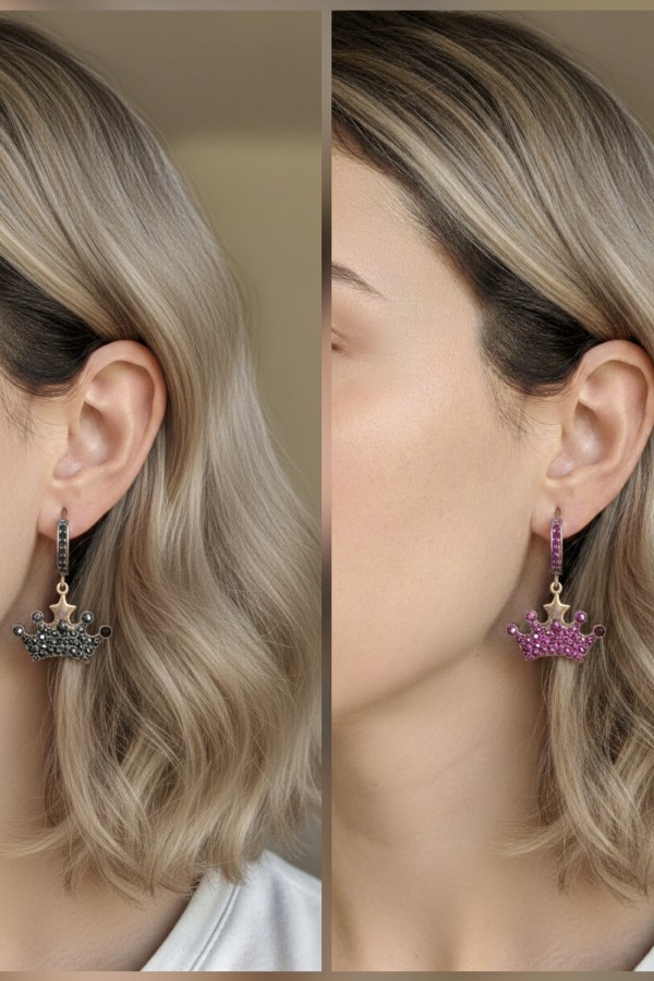 Yakut ve Onix Taşlı Taç Motif Gümüş Küpe Çifti Serisi (1 çift)