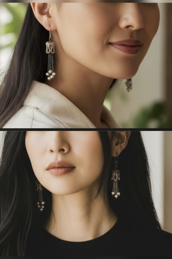 Ucu Kum İncilerle Süslü Yakut ve Zümrüt Taşlı Gümüş Küpe Serisi