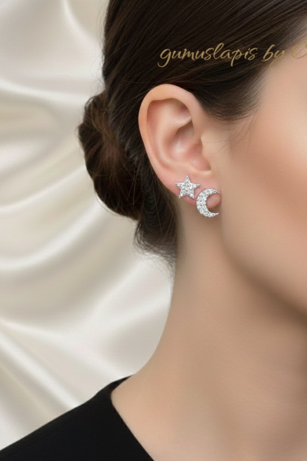 Ay Yıldız Motif Gümüş Küpe Çifti