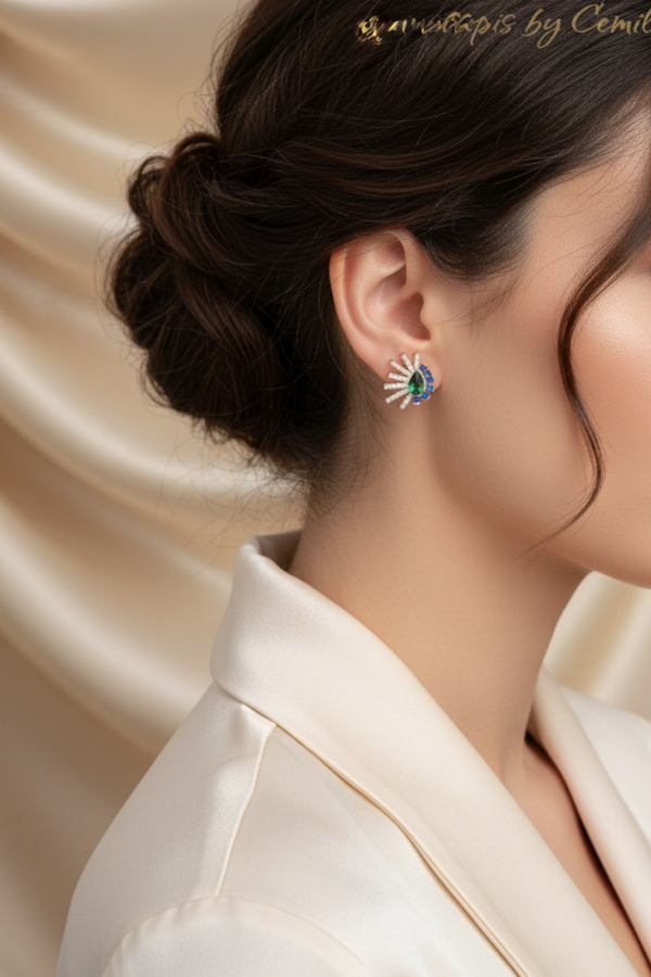 Safir ve Peridot Taşlı Gümüş Küpe Çifti Serisi (rose)