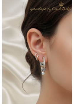 İnci Motif Sarı Beyaz Yarım Halka Küpe Çifti