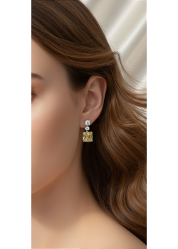 Sarı Taşlı Kare Motif Gümüş Deep Küpe Çifti 