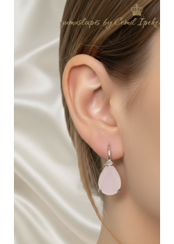 Damla Motif Pembe Kuvars Gümüş Küpe Çifti