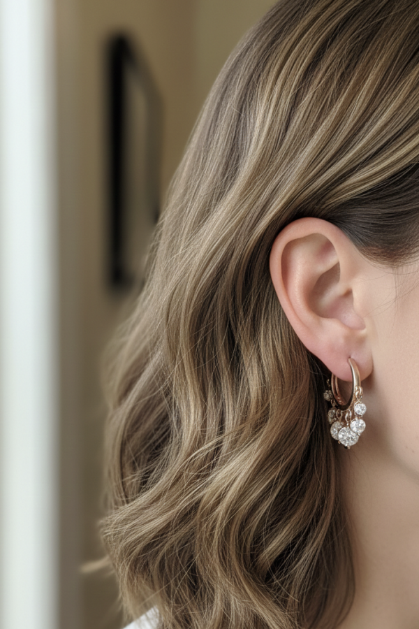 Yuvarlak Taşlı Büyük Boy Rose Kaplama Sallantılı Gümüş Halka Küpe