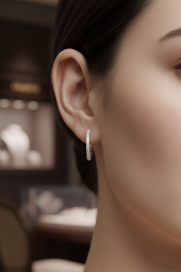 İçi Kalın Kenarları Taşlı Gümüş Halka Küpe