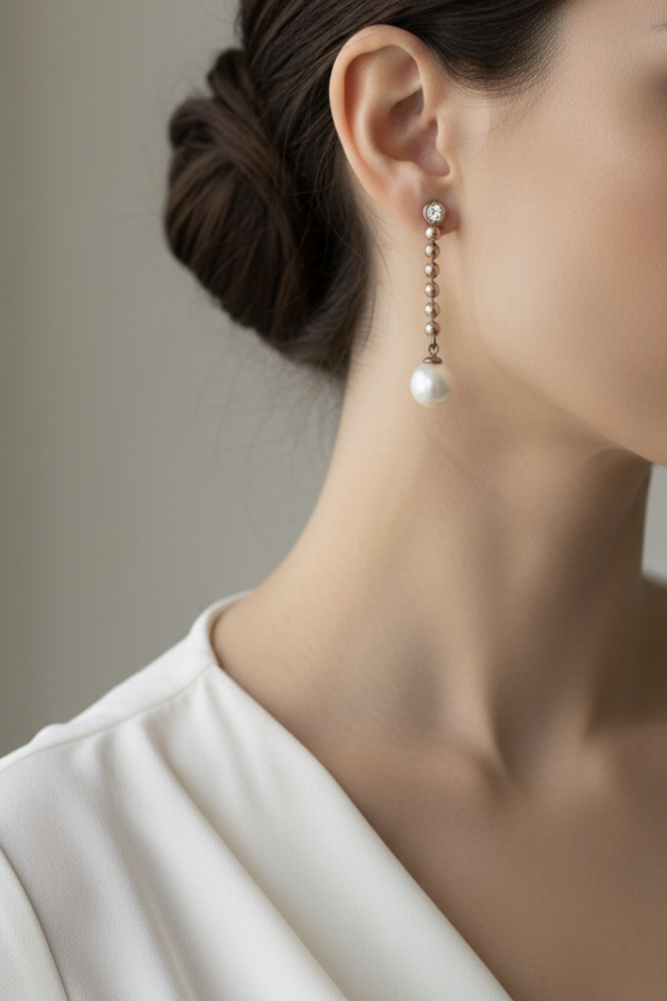 Ucu İncili Uzun Sallantılı Gümüş Küpe 