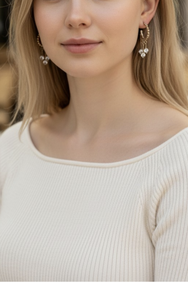 Kendinden Üç Taş Sallantılı Yarım Halka Gümüş Küpe