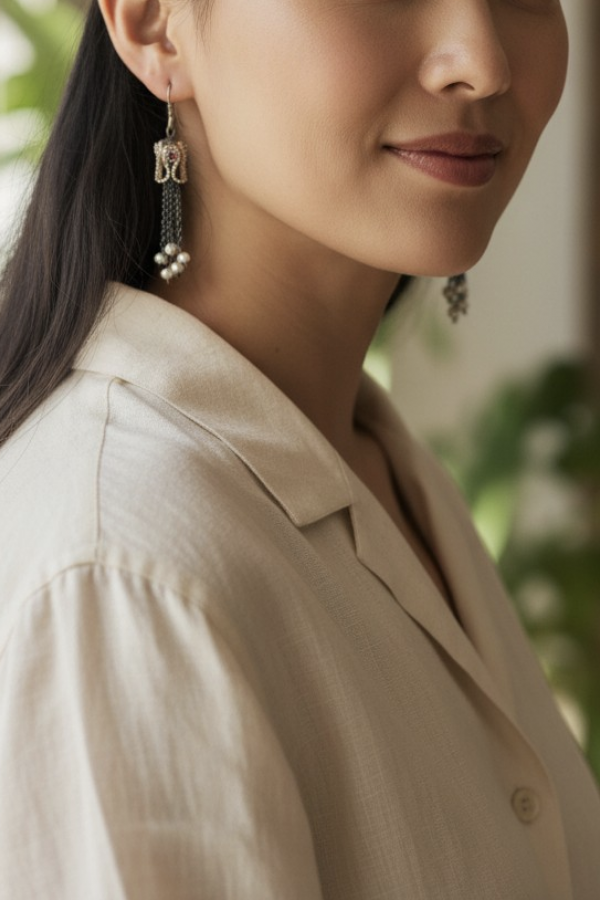 Ucu Kum İncilerle Süslü Yakut ve Zümrüt Taşlı Gümüş Küpe Serisi