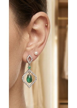 Zümrüt Taşlı Damla ve Baklava Desen Gümüş Küpe