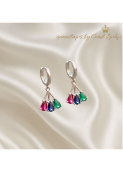 Yakut Safir ve Peridot Taşlı Yelpaze Motif Gümüş Küpe