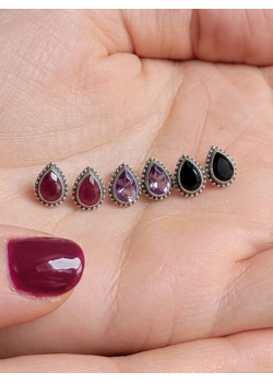 Damla Motif Doğal Taşlı Gümüş Mini Küpe Serisi 