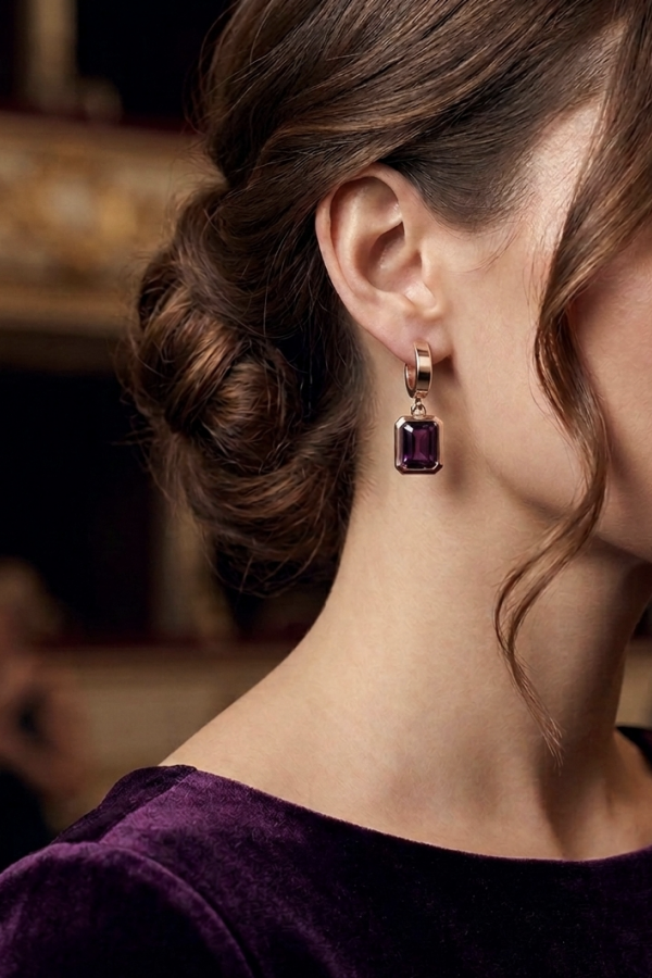 Ametist Taşlı Dikdörtgen Motif Gümüş Küpe