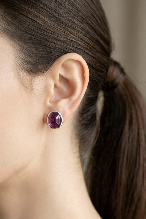 Ametist Taşlı Oval Motif Gümüş Vidalı Küpe