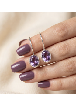 Ametist Taşlı Arkası Geçmeli Gümüş Küpe 