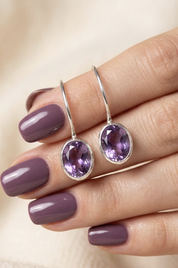 Ametist Taşlı Arkası Geçmeli Gümüş Küpe 