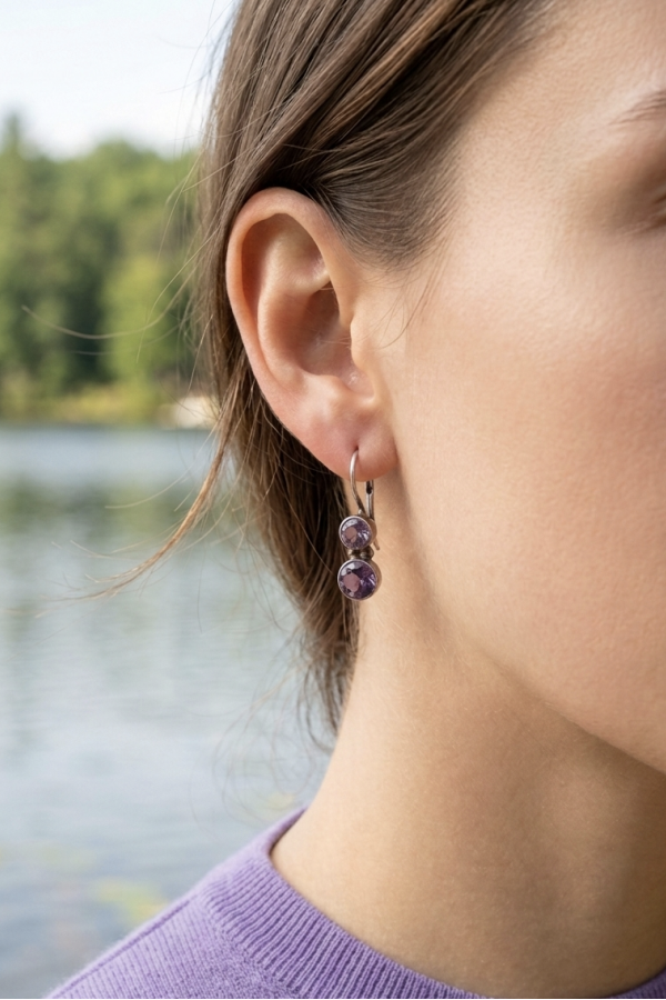 İkili Ametist Taşlı Gümüş Küpe