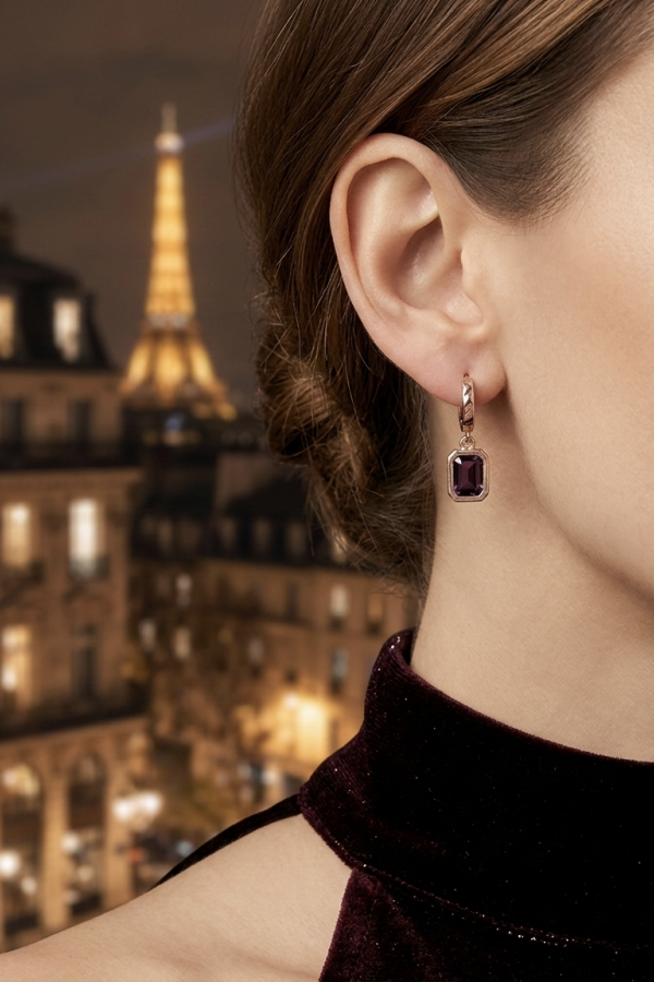 Ametist Taşlı Dikdörtgen Motif Gümüş Küpe