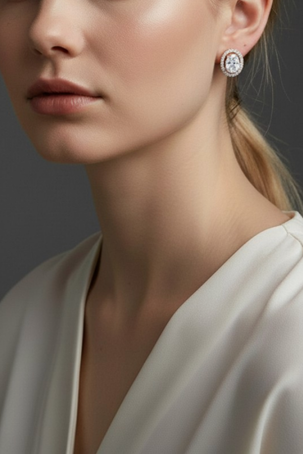 Oval Motif Taşlı Gümüş Mini Küpe