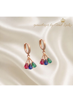 Yakut Safir ve Peridot Taşlı Yelpaze Motif Gümüş Küpe