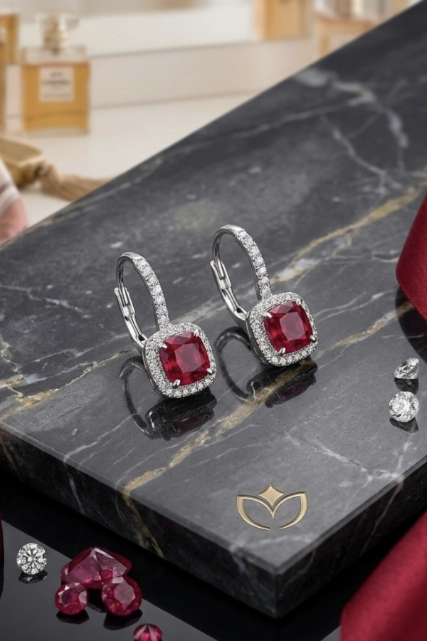 Lab Rubilitte Taşlı Kare Motif Gümüş Küpe