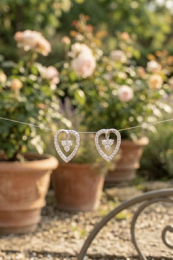 İçi Üç Taşlı Kalp Motif Vidalı Gümüş Küpe