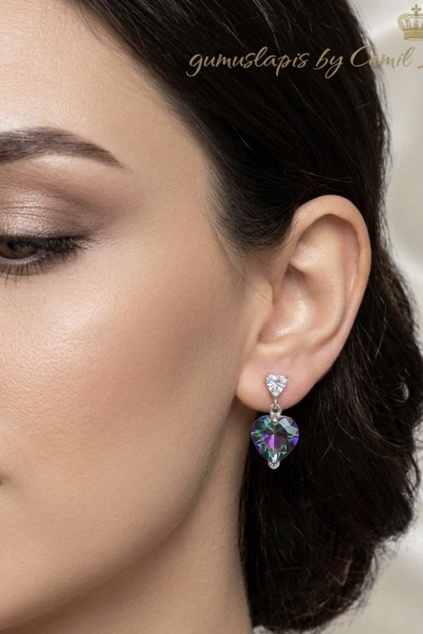 Mistik Kuvars Taşlı Kalp Motif Gümüş Küpe Çifti