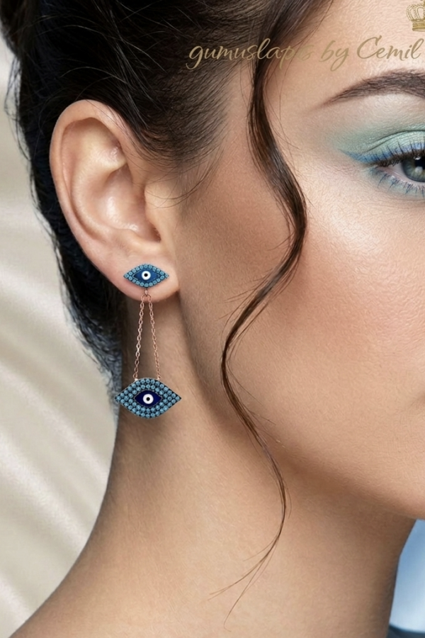 Nazar Boncuklu Göz Motif Sallantılı Gümüş Küpe