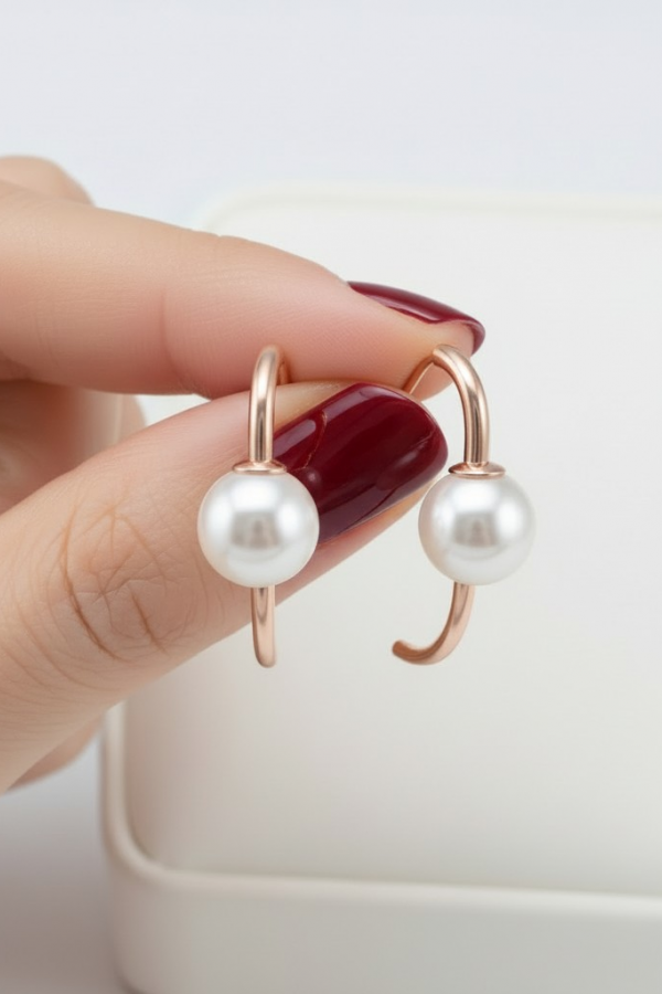 Ortası İncili Asimetrik Model Gümüş Küpe