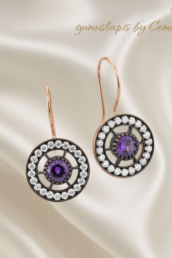 Ametist ve Zirkon Taşlı Yuvarlak Motif Gümüş Küpe