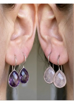 Pembe Kuvars ve Ametist Taşlı Geçmeli Gümüş Küpe Çifti Serisi (1 çift)