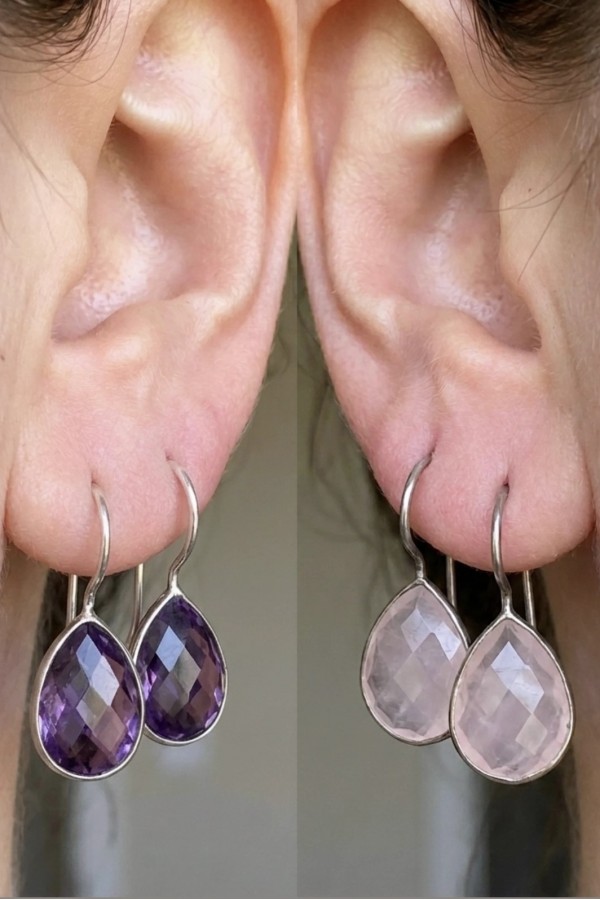 Pembe Kuvars ve Ametist Taşlı Geçmeli Gümüş Küpe Çifti Serisi (1 çift)