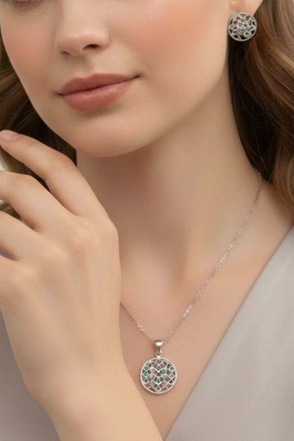 Renkli Taşlarla Süslü Yaşam Çiçeği Motif Gümüş Set 