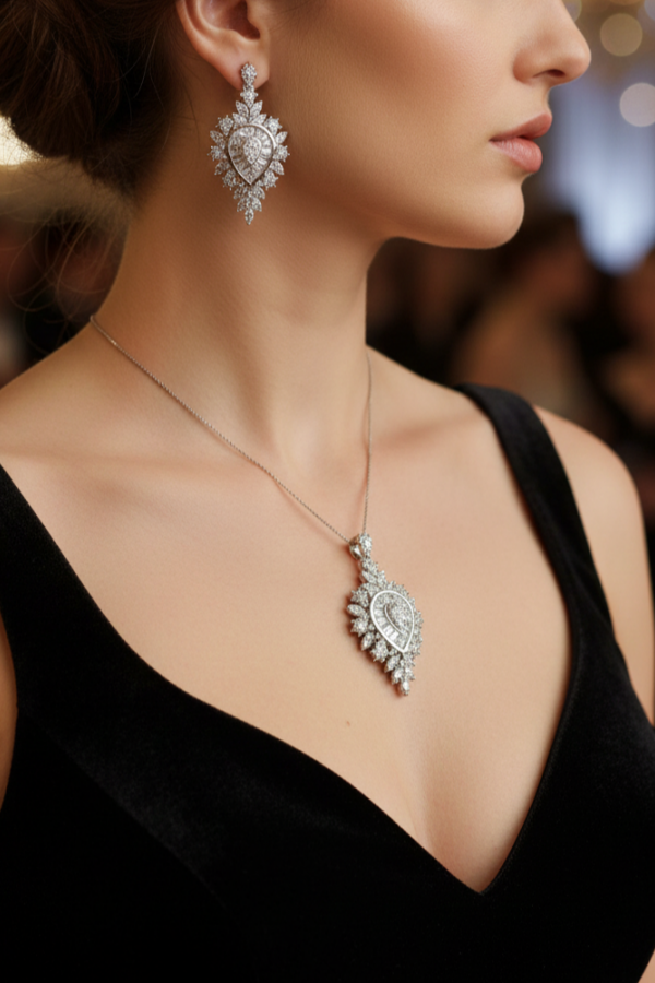 Laboratuvar Pırlantası Taşlı İri Damla Gümüş Set