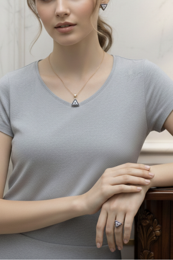 Üçgen Motif Nazar Boncuklu Gümüş Set