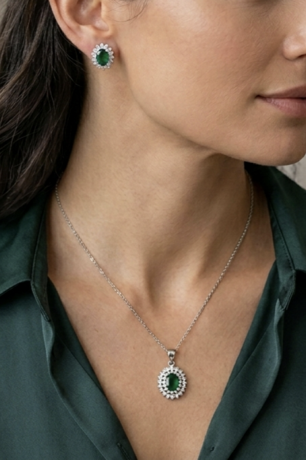 Peridot Taşlı Oval Motif Gümüş Set