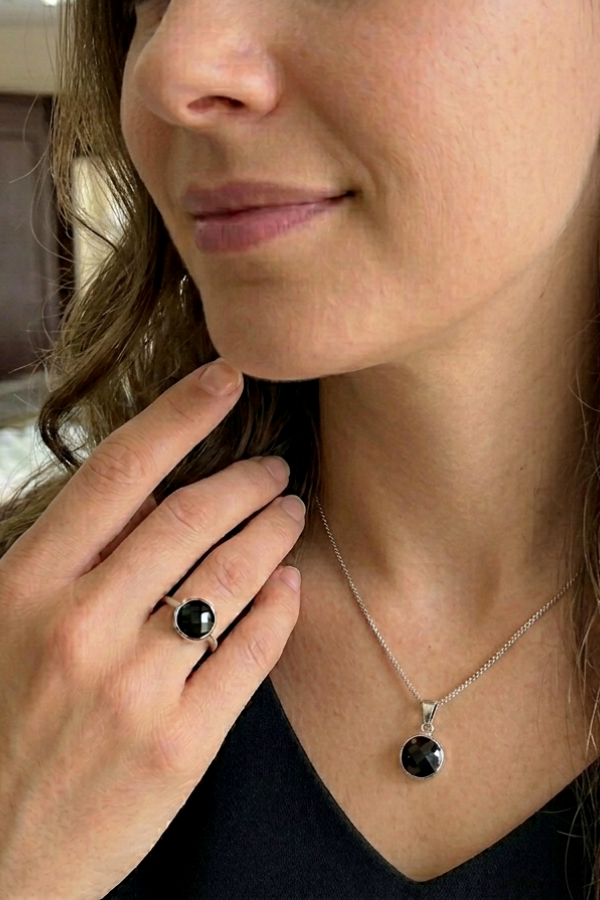 Onix Taşlı Yuvarlak Motif Gümüş Set