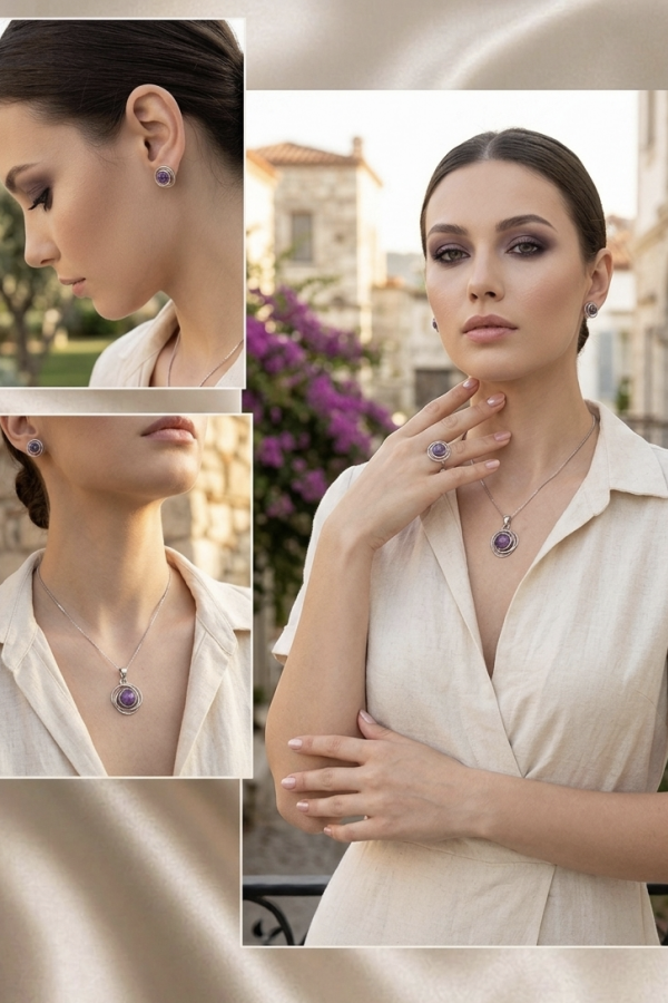 Mor Turkuaz Taşlı Gümüş Set