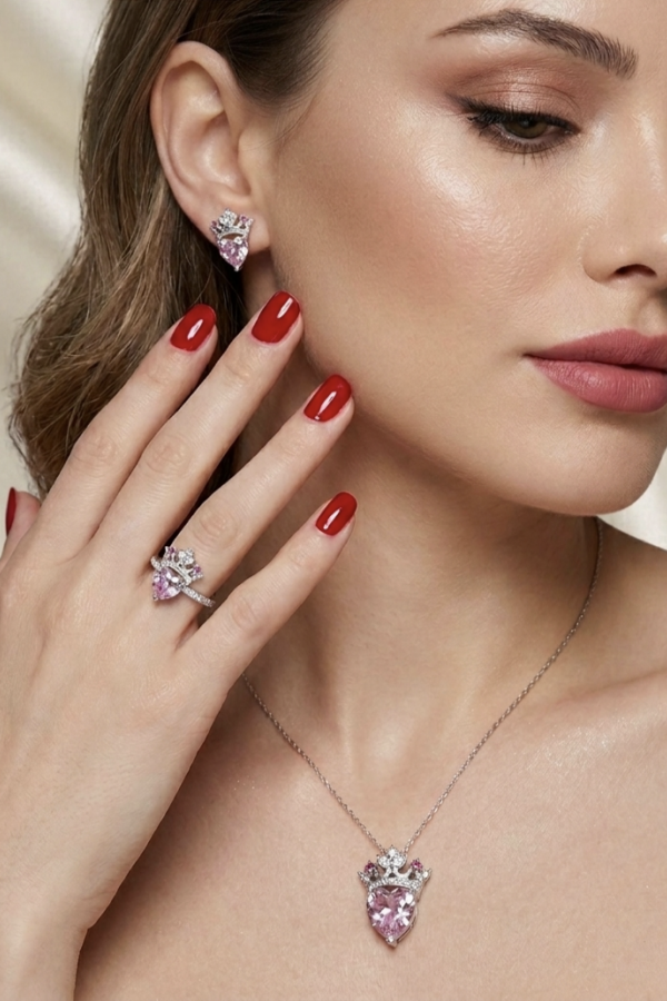 Morganit Taşlı Taç ve Kalp Motif Gümüş Set