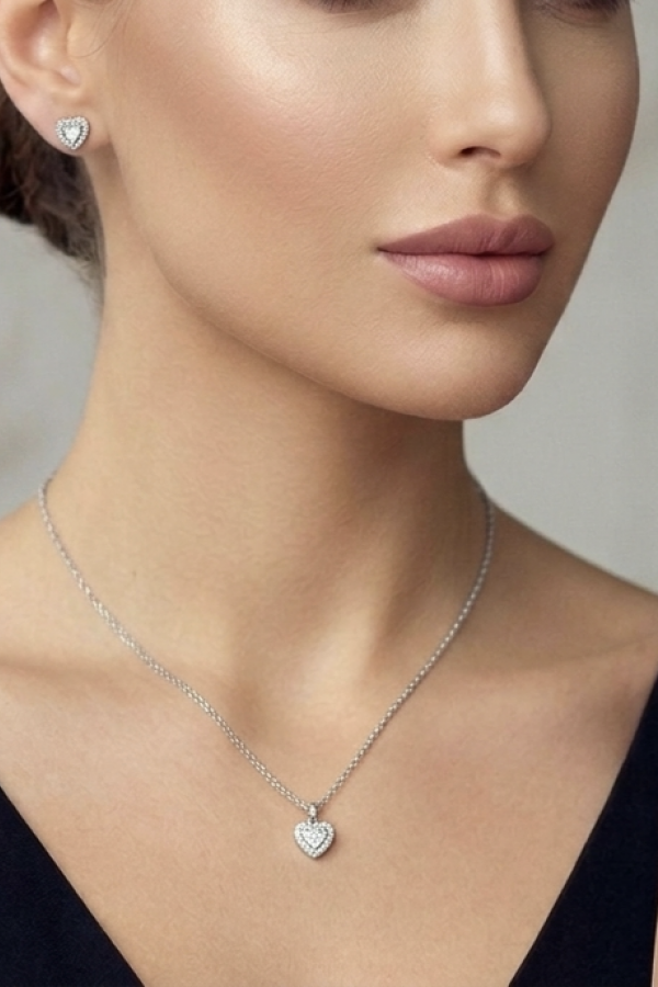 Kalp Motif Taşlı Gümüş Set