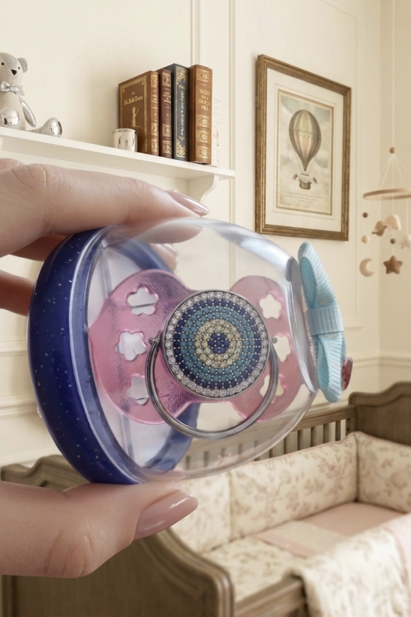 Gümüş Başlı Nazar Boncuğu Desen Pembe Emzik Gümüş Başlı Nazar Boncuğu Desen Pembe Emzik