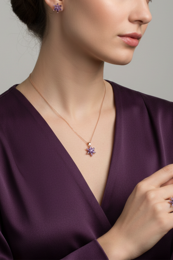 Ametist Taşlı Lotus Çiçeği Motif Gümüş Set 
