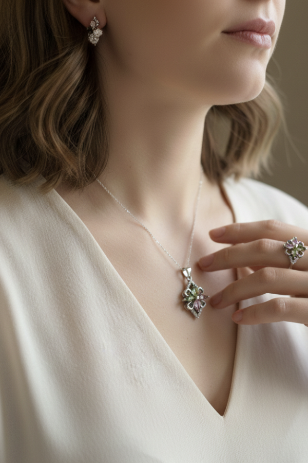 Peridot Morganit Lab Topaz ve Ametist Taşlı Gümüş Set Peridot Morganit Lab Topaz ve Ametist Taşlı Gümüş Set