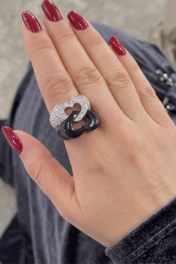 İkili Kalp Motif Onix Taşlı Gümüş Yüzük